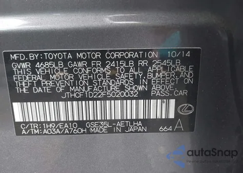 2015 Lexus Is 250 из США, поврежденный, VIN JTHCF1D22F5020032